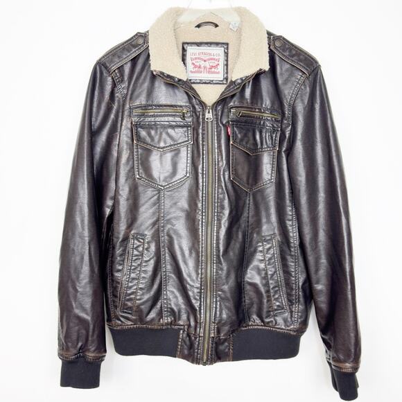 Levi's Men's Sherpa Lined Faux Leather Dark Brown Aviator Bomber Jacket M